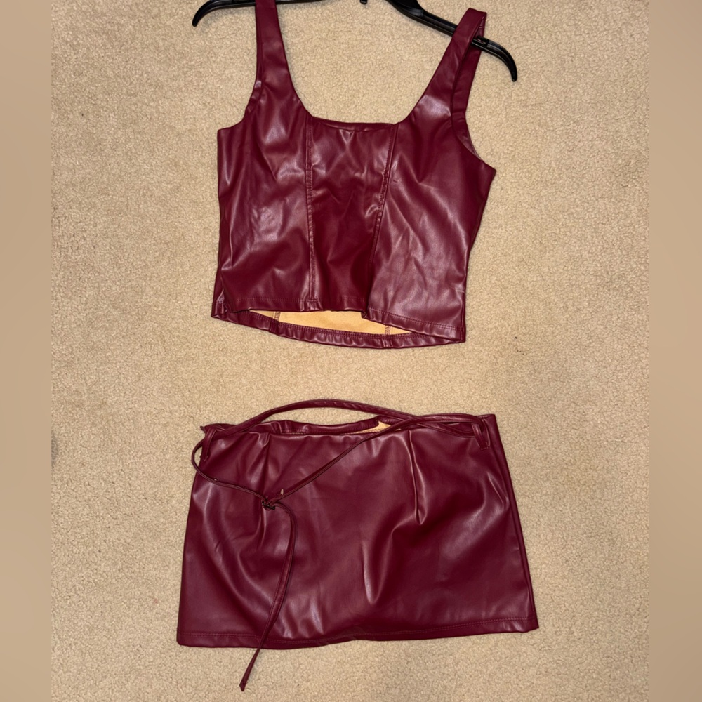 Burgundy Faux Leather Corset Top and Skirt Set